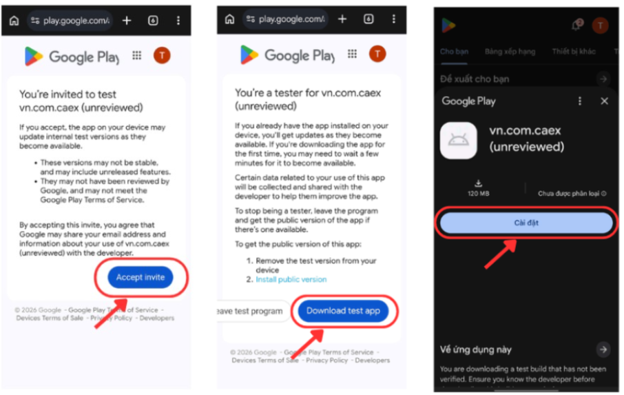 Hình 2. Luồng cài đặt CAEX trên Android: Accept invite, Download test app và Cài đặt.